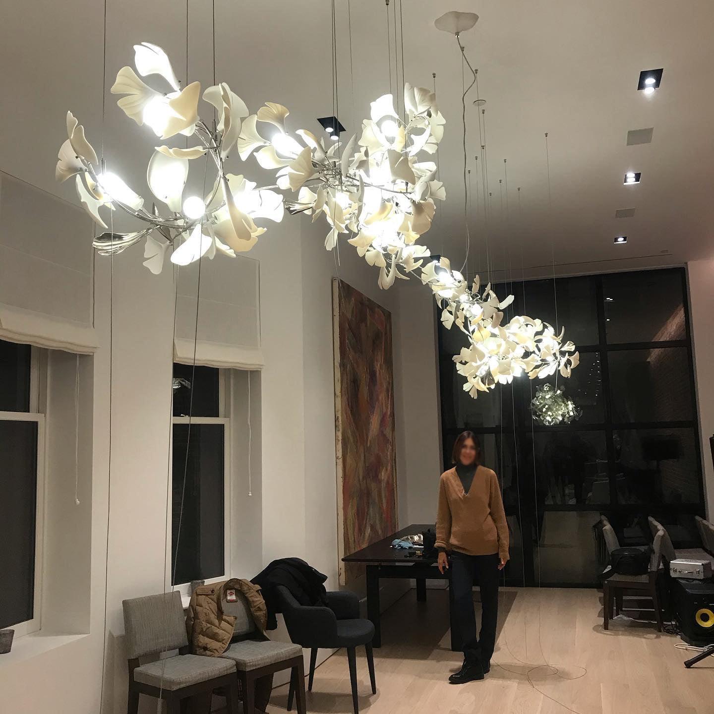 Chandelier Metal Frame Ceramic Gingko Leaf Shade White Gold Modern - Letslighting