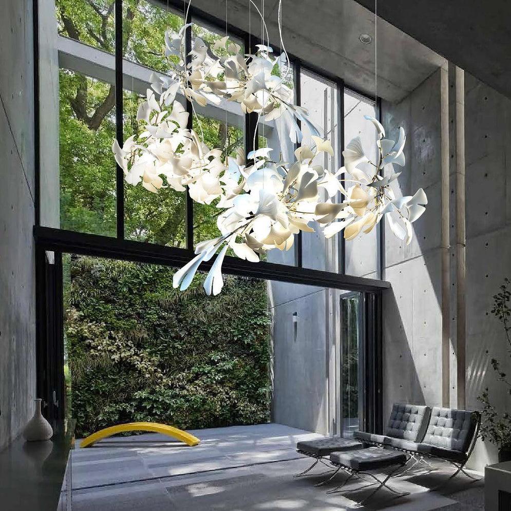 Chandelier Metal Frame Ceramic Gingko Leaf Shade White Gold Modern - Letslighting