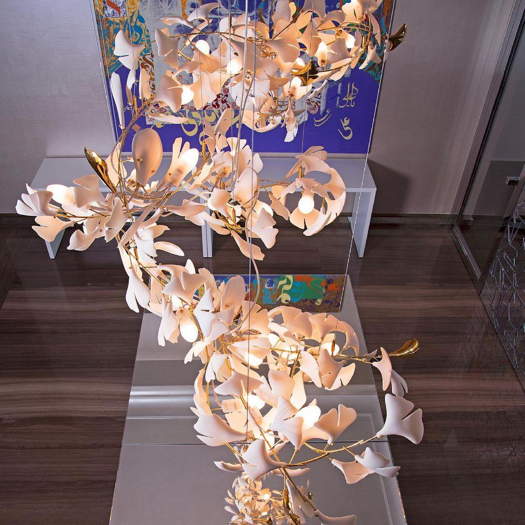 Chandelier Metal Frame Ceramic Gingko Leaf Shade White Gold Modern - Letslighting