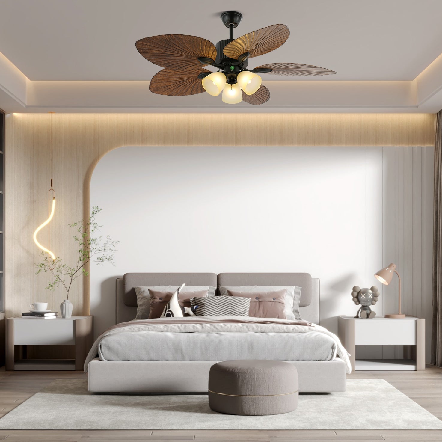 Virel Deckenventilatorleuchte im tropischen Holzdesign, Modell D, 42 Zoll Durchmesser