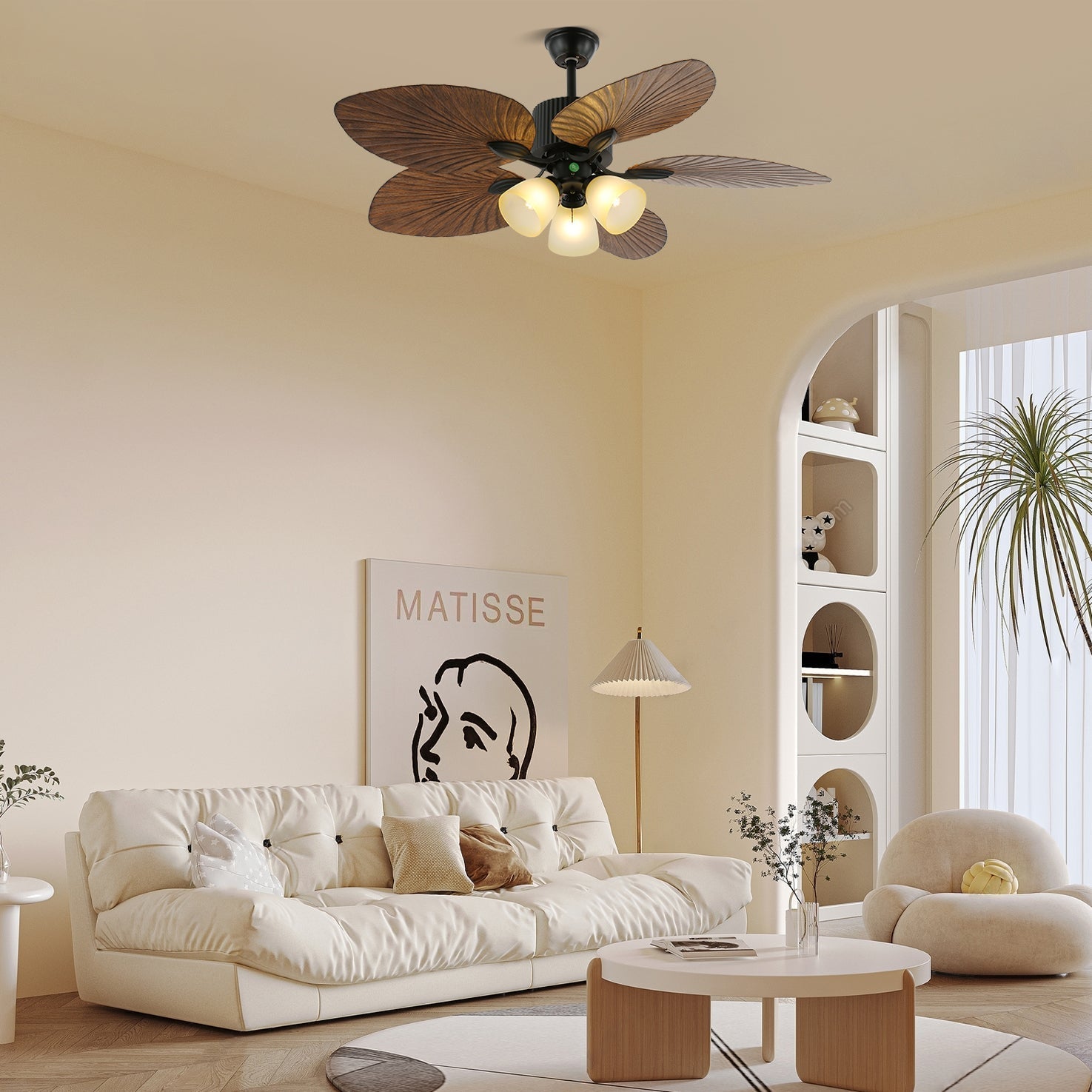 Virel Deckenventilatorleuchte im tropischen Holzdesign, Modell B, 42 Zoll Durchmesser