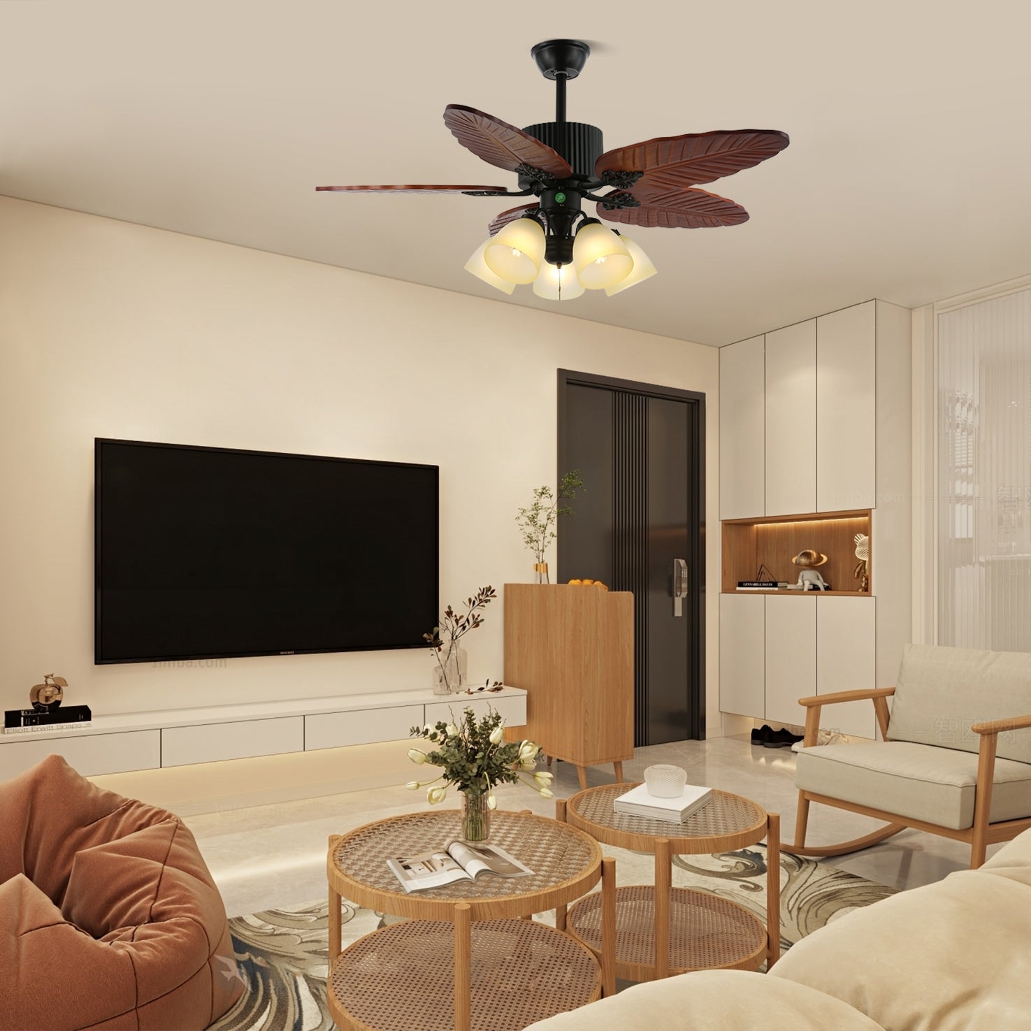 Virella Tropische Deckenventilatorleuchte aus Holz und Glas, Modell D