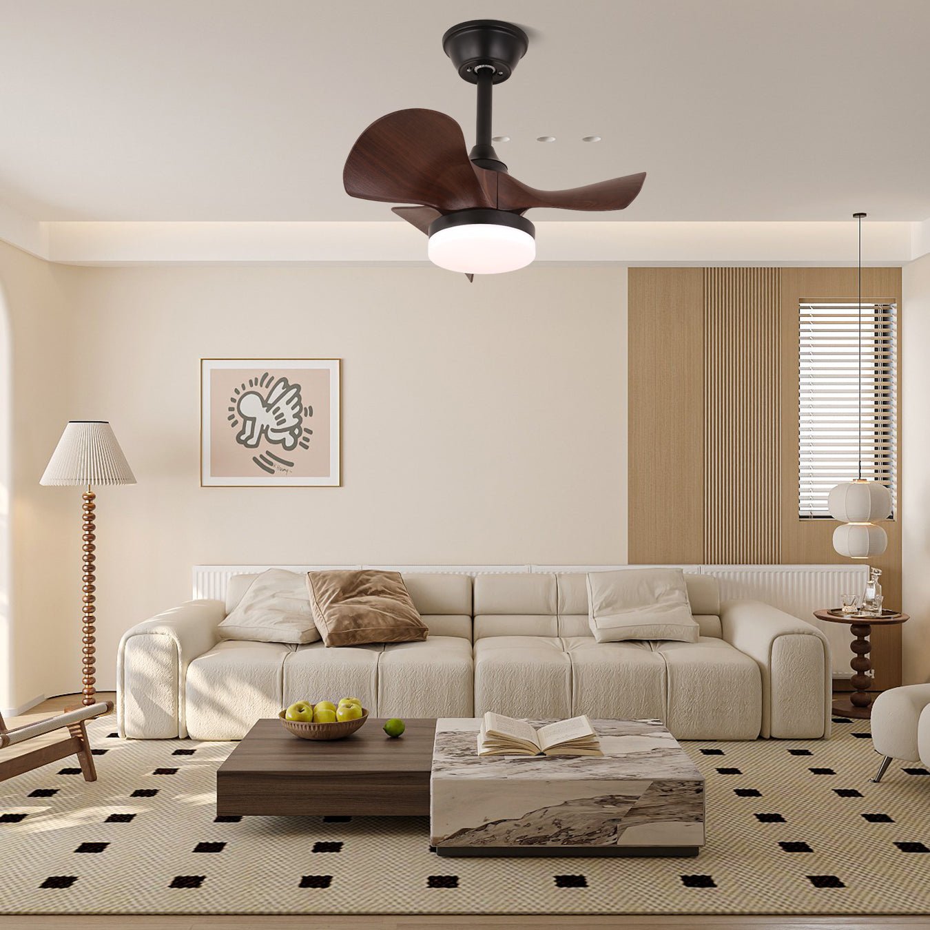 Nahaufnahme des Neriah Deckenventilators mit Beleuchtung, zeigt ABS-Flügel und integrierte LED