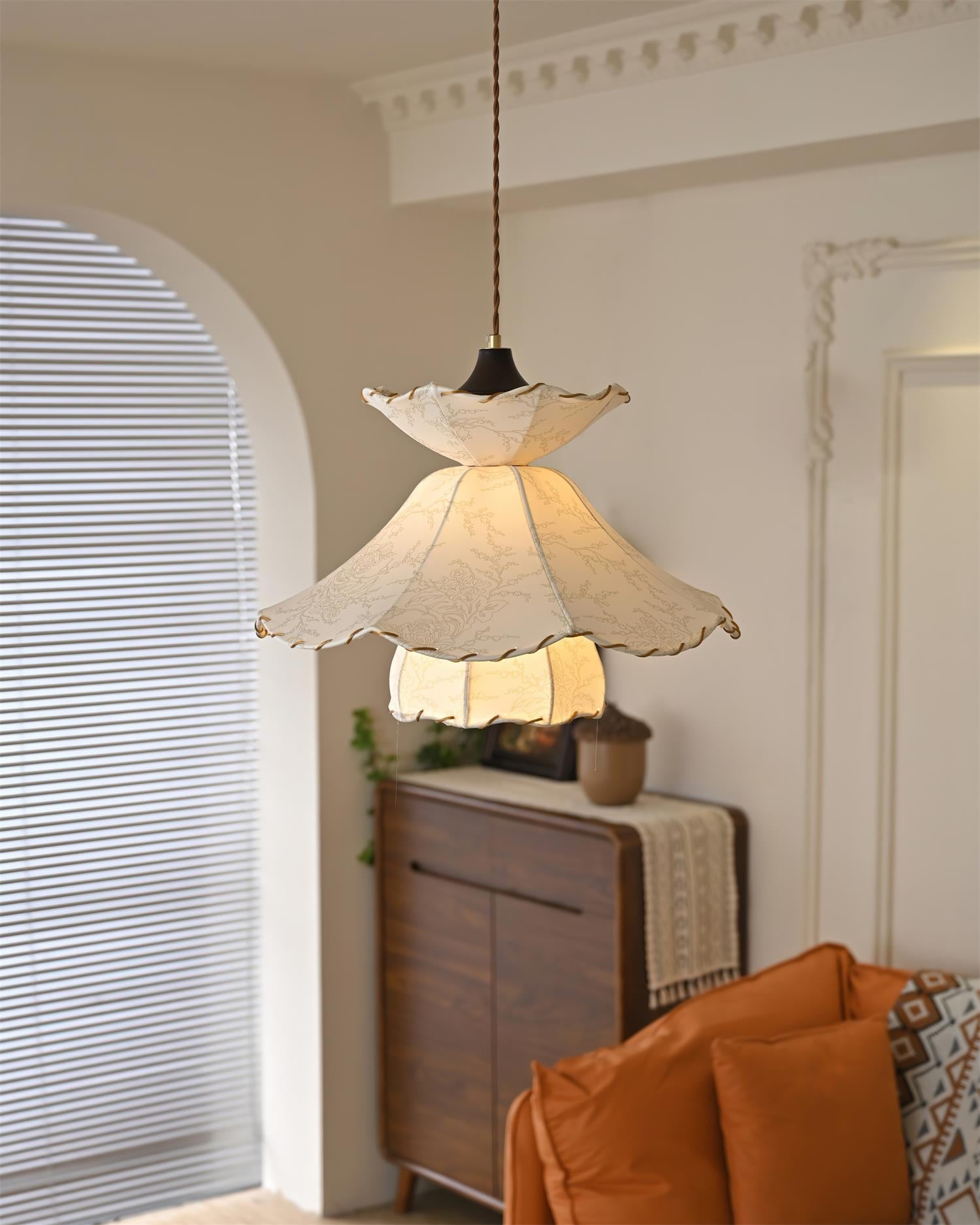 Pendant Lamp Scalloped Layered Fabric Shade Wood Minimalist - Letslighting