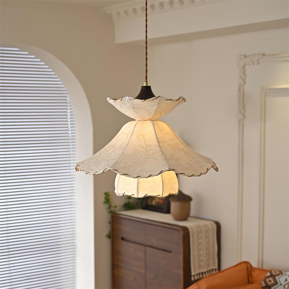 Pendant Lamp Scalloped Layered Fabric Shade Wood Minimalist - Letslighting