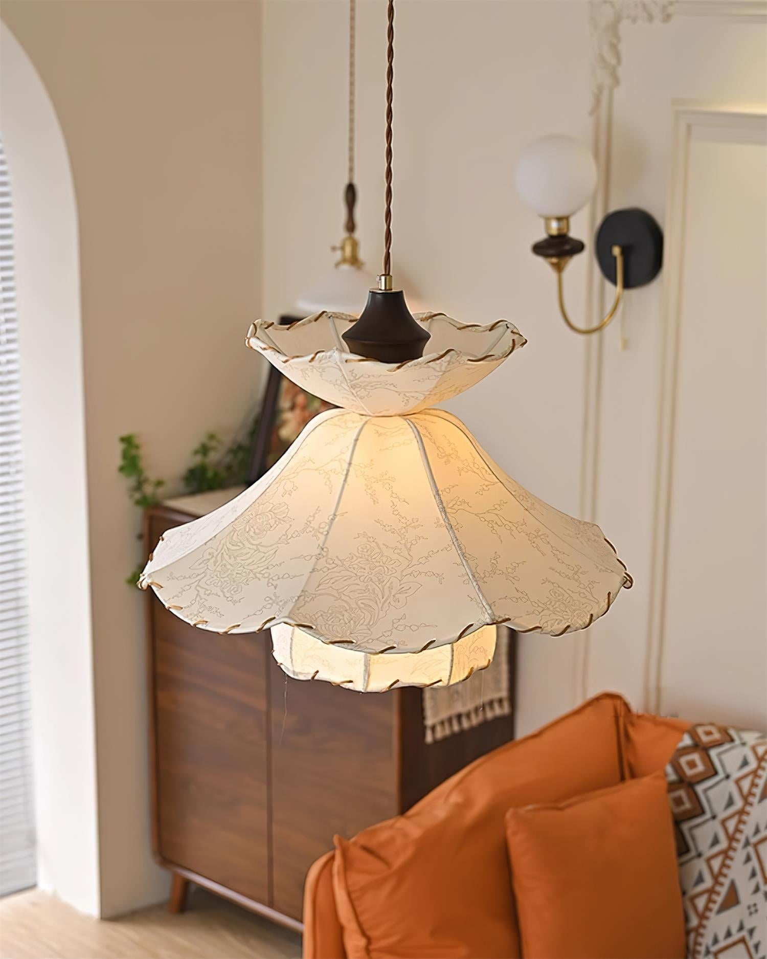 Pendant Lamp Scalloped Layered Fabric Shade Wood Minimalist - Letslighting