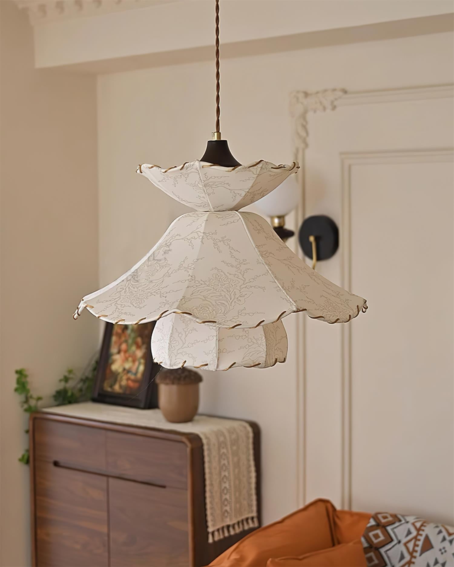 Pendant Lamp Scalloped Layered Fabric Shade Wood Minimalist - Letslighting