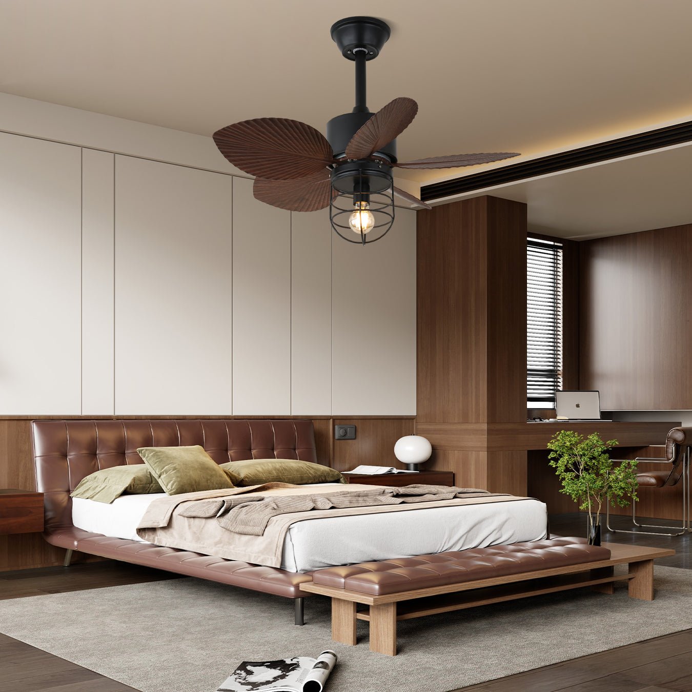 Nahaufnahme des Lunair Industriellen Deckenventilators mit Metallrahmen und Acrylschirm
