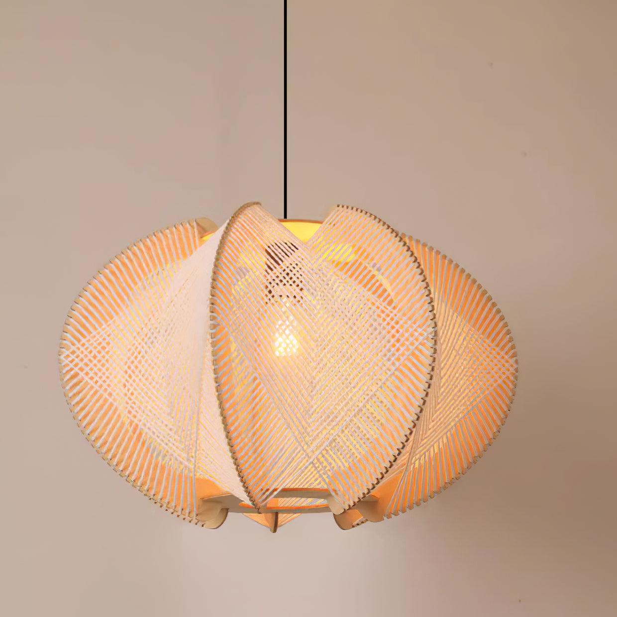 Pendant Light with Fabric Shade, Wooden Frame, and Wire Detail - Letslighting
