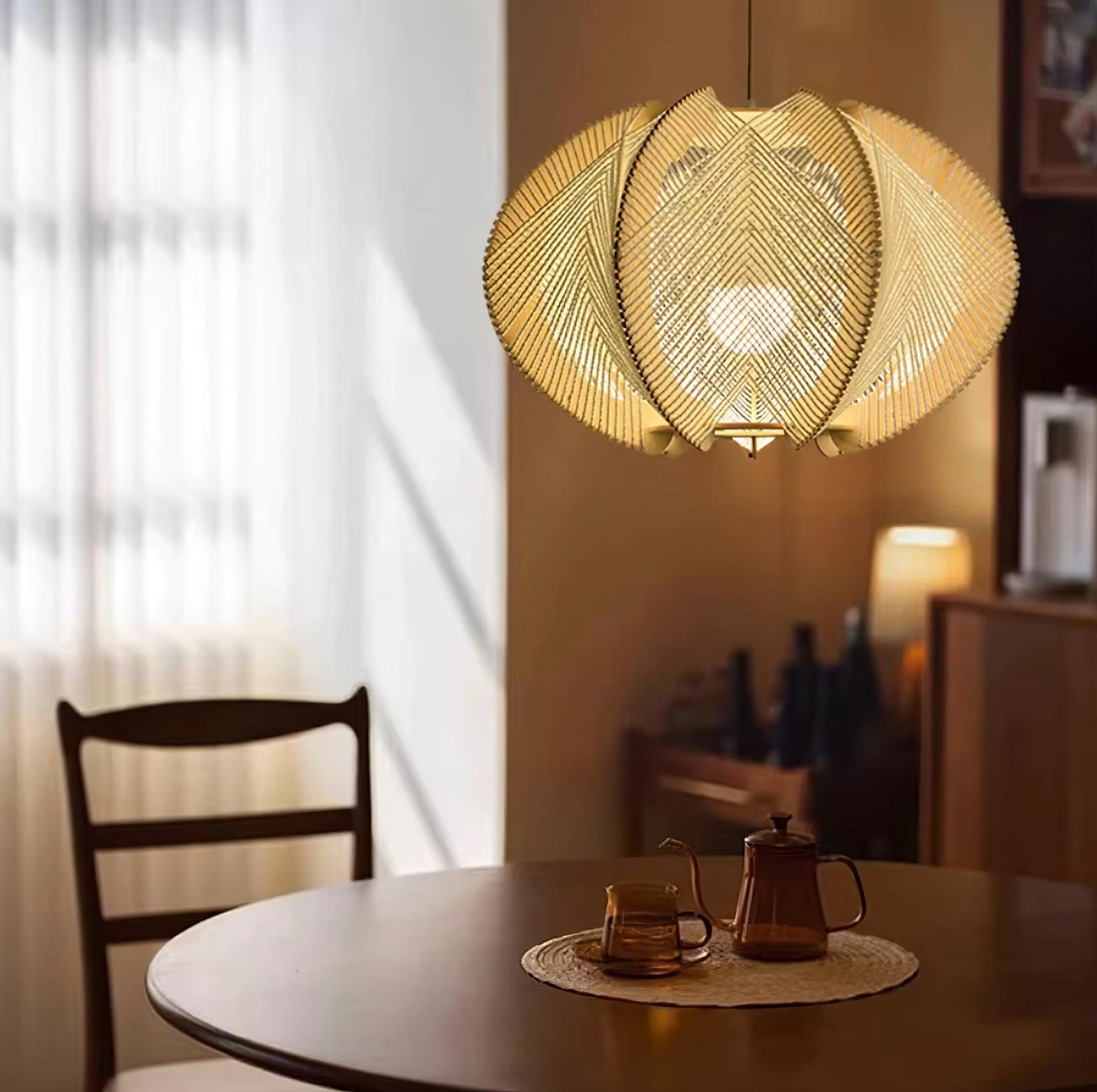 Pendant Light with Fabric Shade, Wooden Frame, and Wire Detail - Letslighting