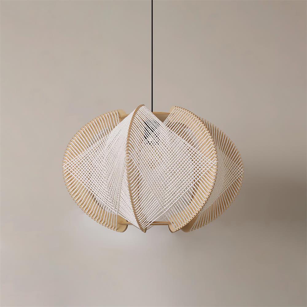 Pendant Light with Fabric Shade, Wooden Frame, and Wire Detail - Letslighting