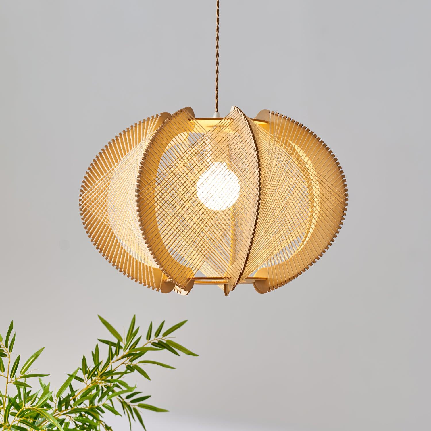 Pendant Light with Fabric Shade, Wooden Frame, and Wire Detail - Letslighting