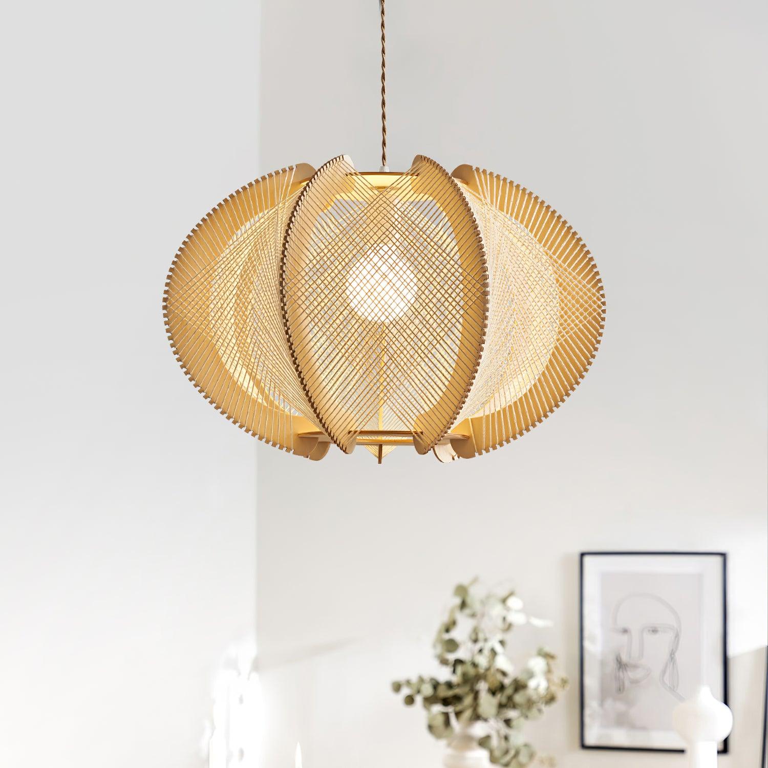 Pendant Light with Fabric Shade, Wooden Frame, and Wire Detail - Letslighting