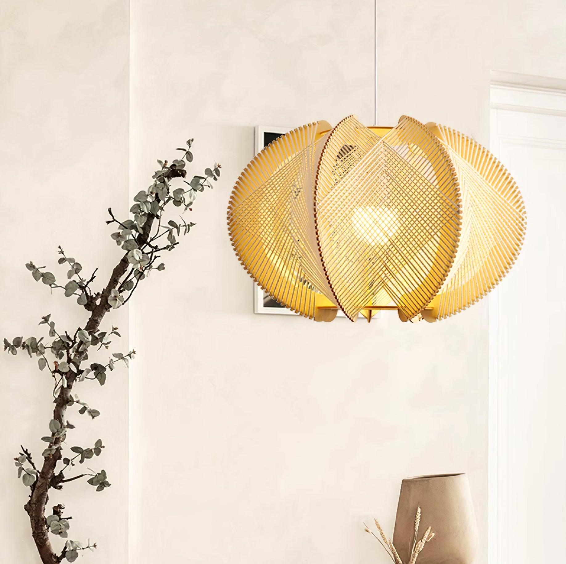 Pendant Light with Fabric Shade, Wooden Frame, and Wire Detail - Letslighting
