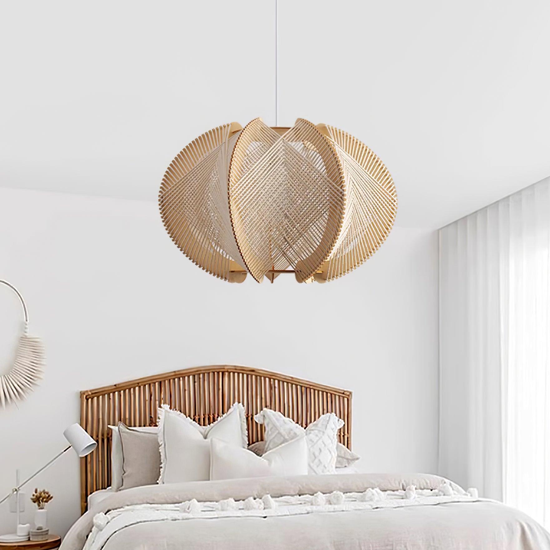 Pendant Light with Fabric Shade, Wooden Frame, and Wire Detail - Letslighting