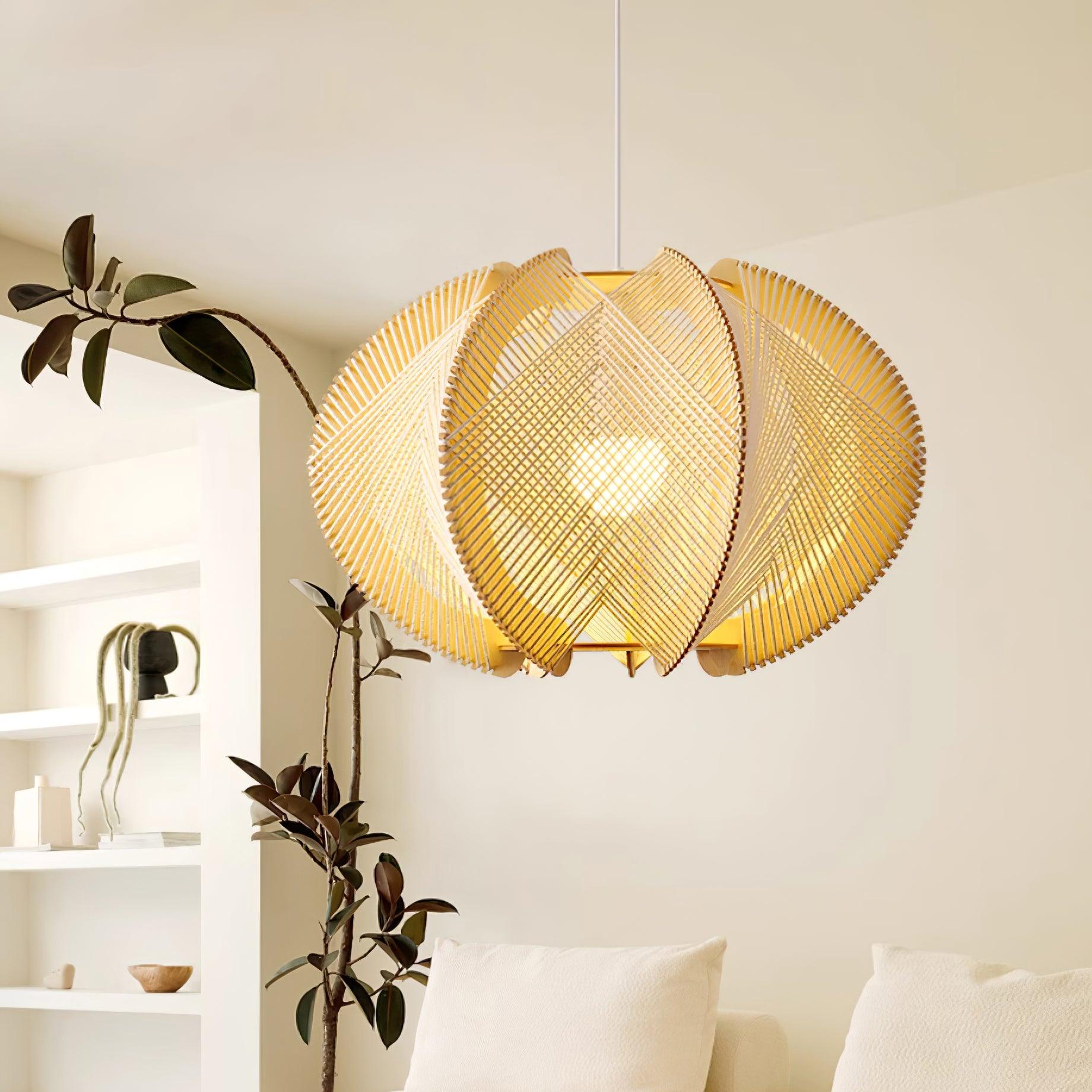 Pendant Light with Fabric Shade, Wooden Frame, and Wire Detail - Letslighting