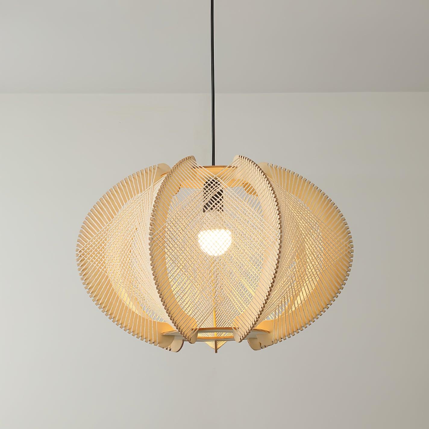 Pendant Light with Fabric Shade, Wooden Frame, and Wire Detail - Letslighting