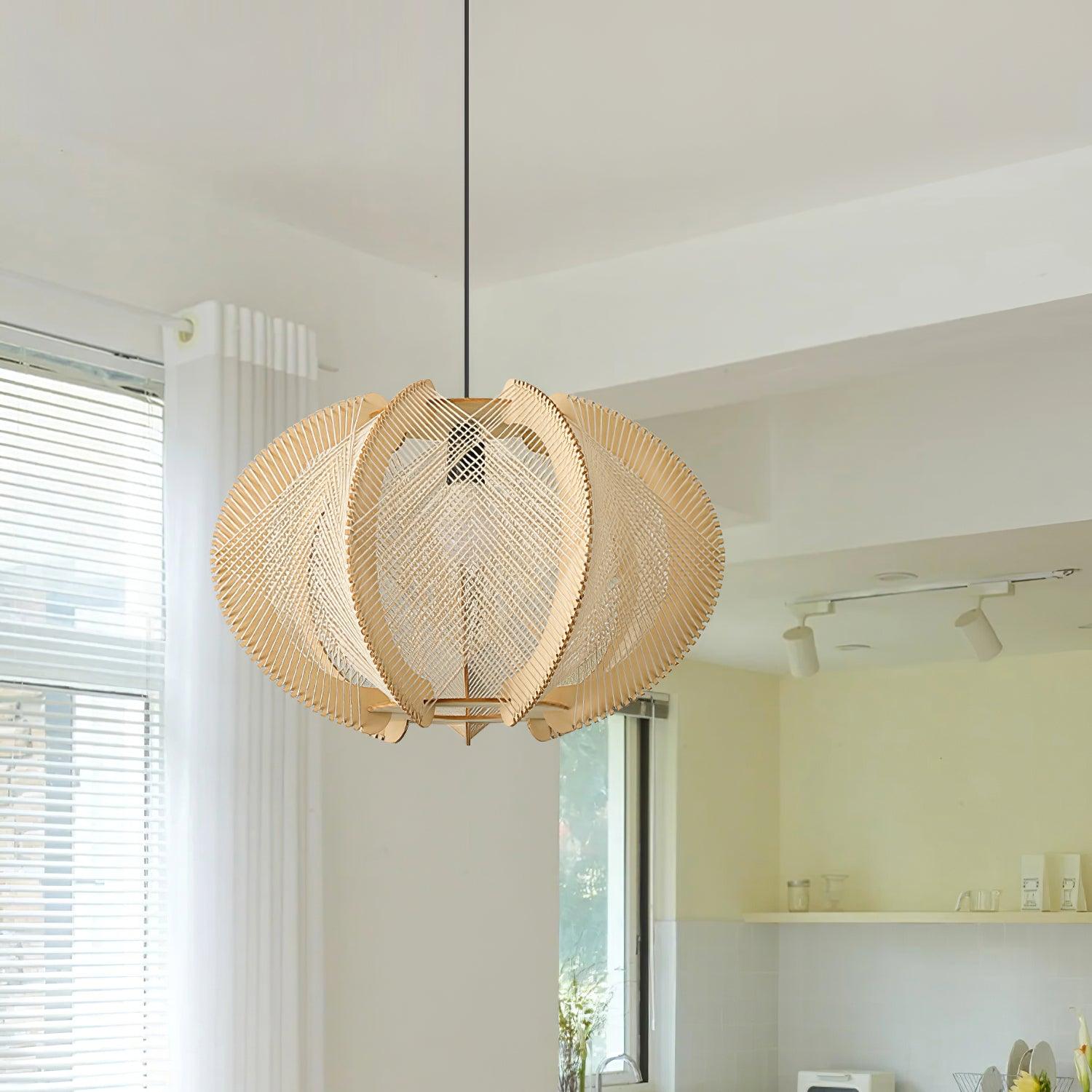 Pendant Light with Fabric Shade, Wooden Frame, and Wire Detail - Letslighting