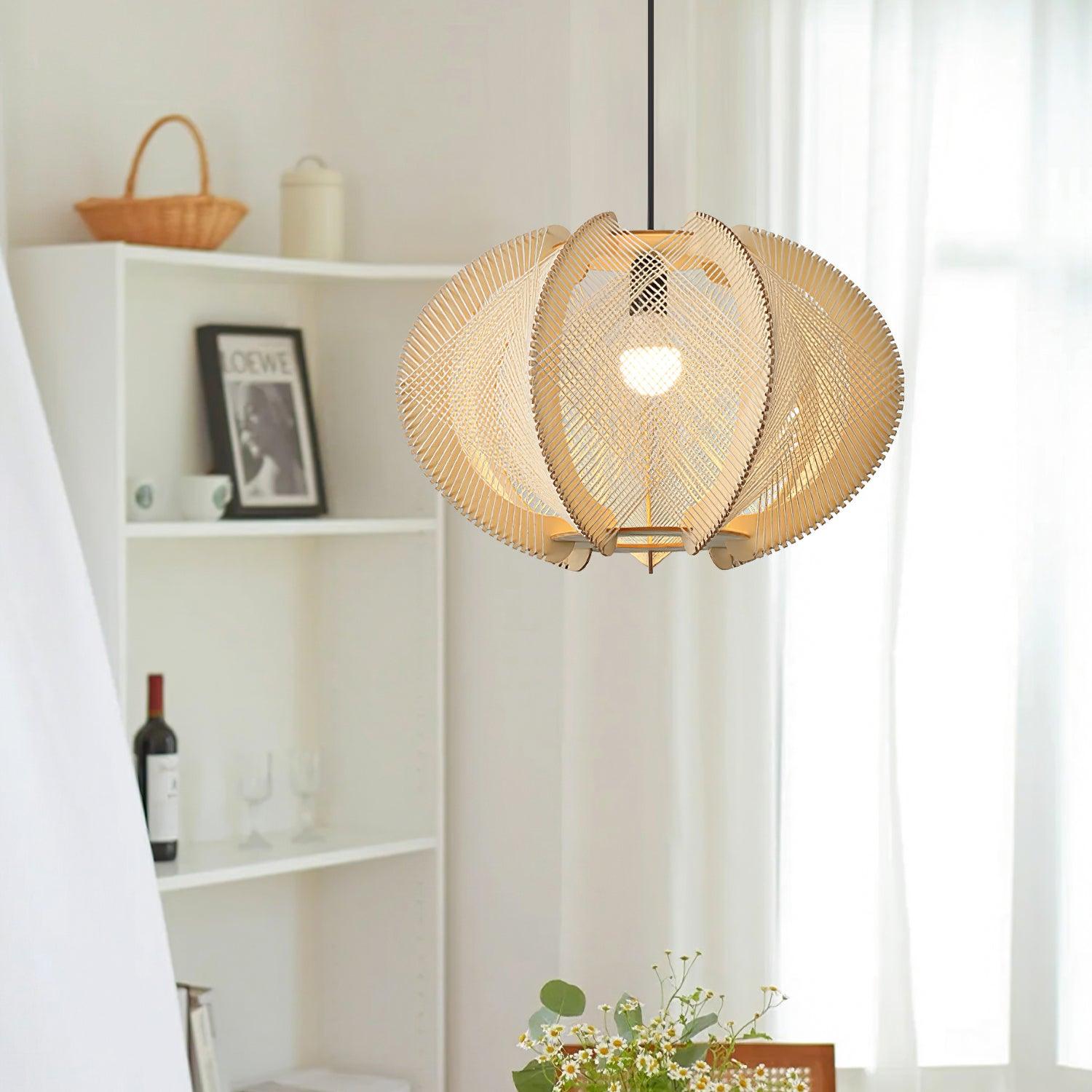 Pendant Light with Fabric Shade, Wooden Frame, and Wire Detail - Letslighting