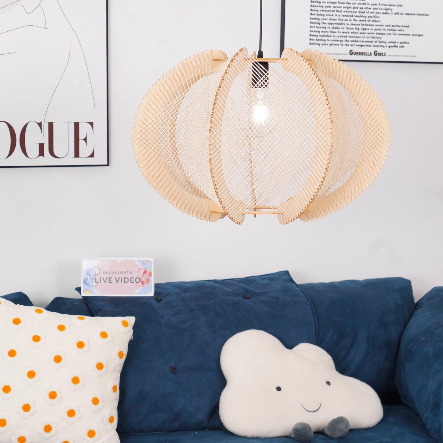 Pendant Light with Fabric Shade, Wooden Frame, and Wire Detail - Letslighting