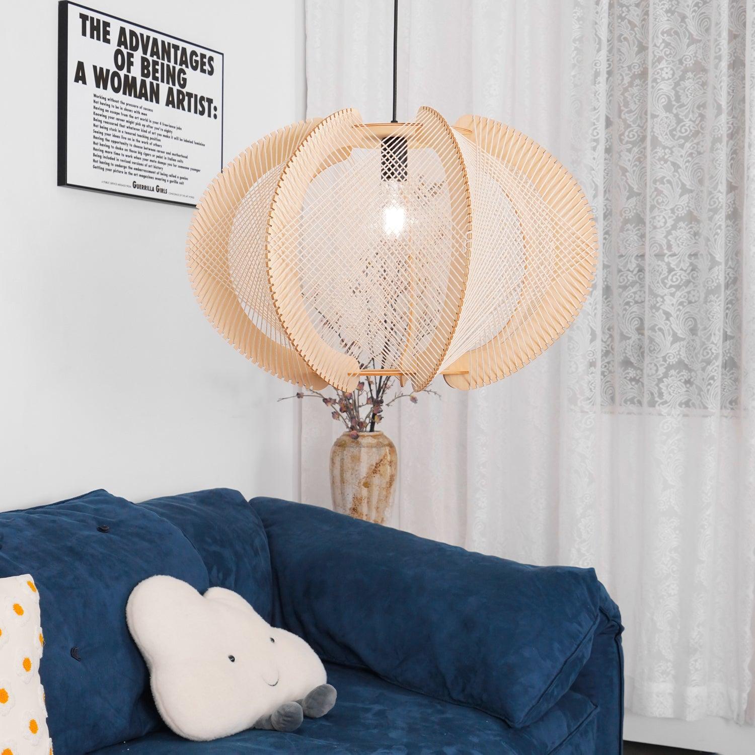Pendant Light with Fabric Shade, Wooden Frame, and Wire Detail - Letslighting
