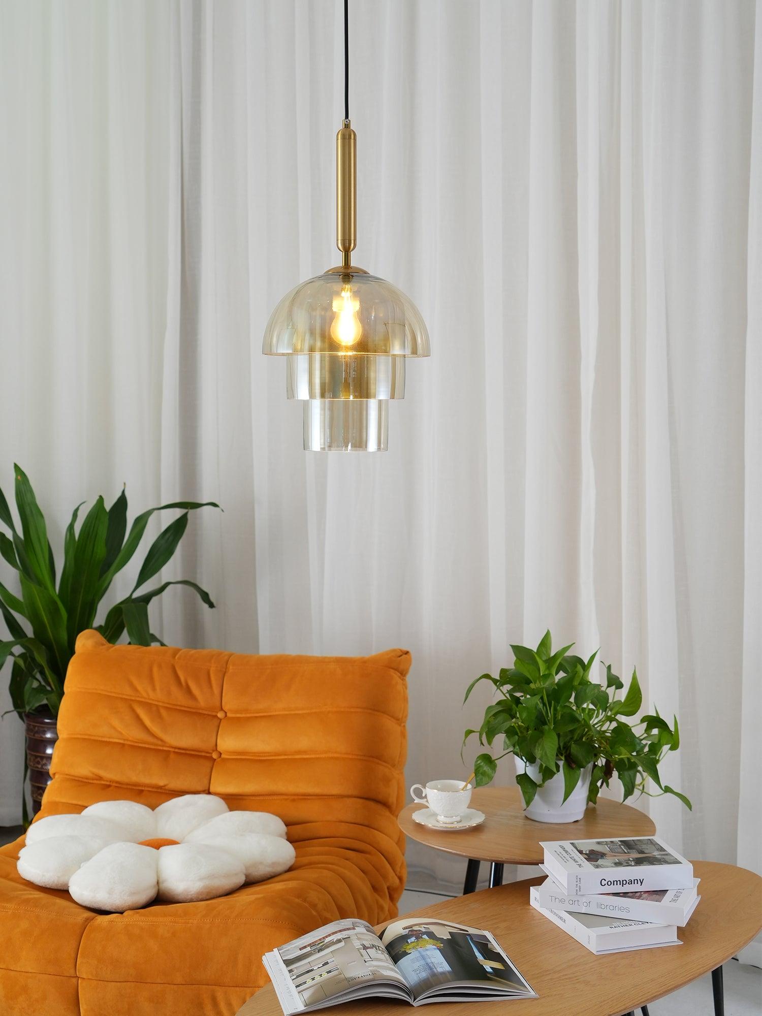 Solara Pendelleuchte Glas Cognac Kuppel Messing Mid Century-Letslighting