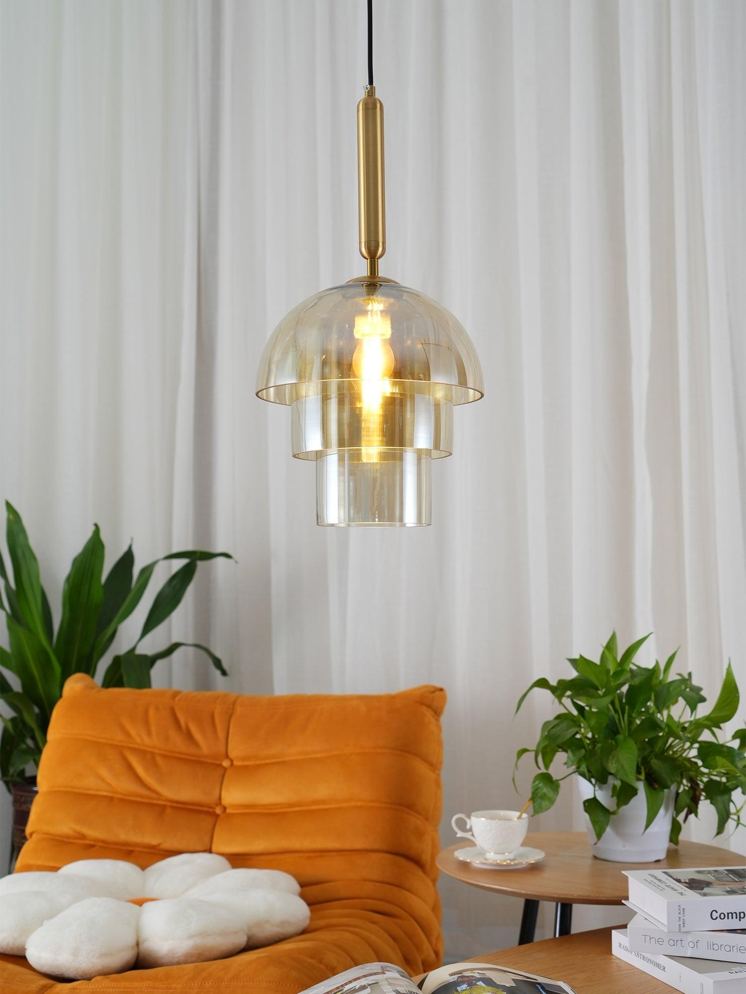 Solara Pendelleuchte Glas Cognac Kuppel Messing Mid Century-Letslighting