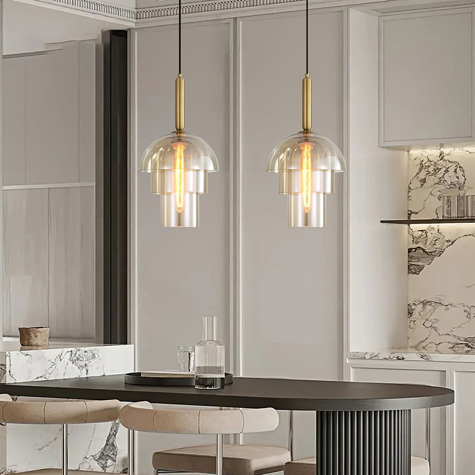 Solara Pendelleuchte Glas Cognac Kuppel Messing Mid Century-Letslighting