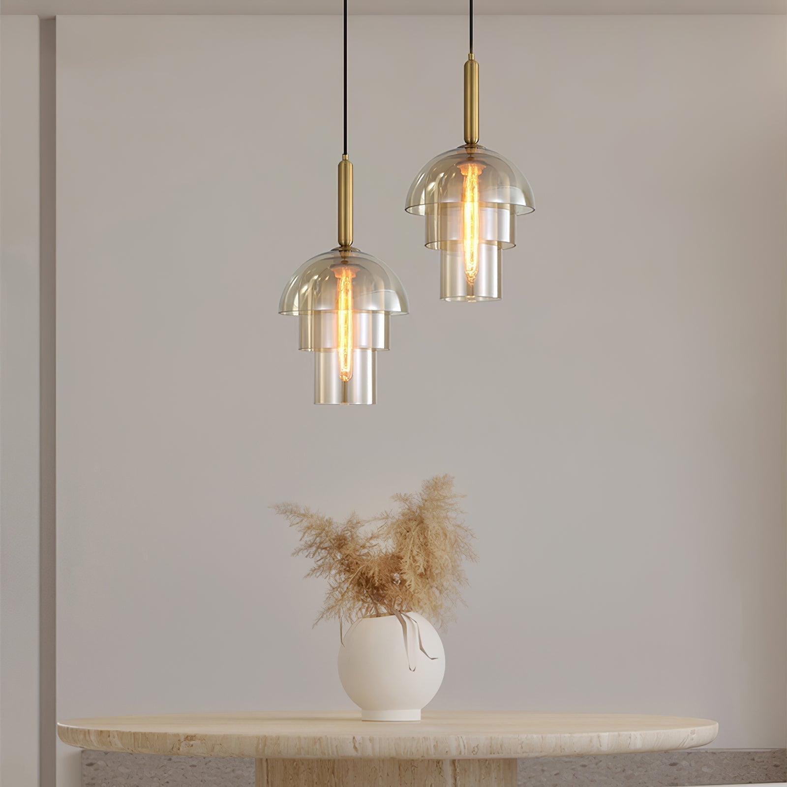 Solara Pendelleuchte Glas Cognac Kuppel Messing Mid Century-Letslighting