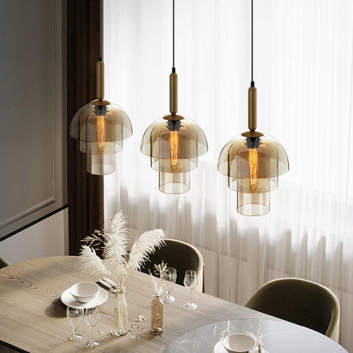 Solara Pendelleuchte Glas Cognac Kuppel Messing Mid Century-Letslighting
