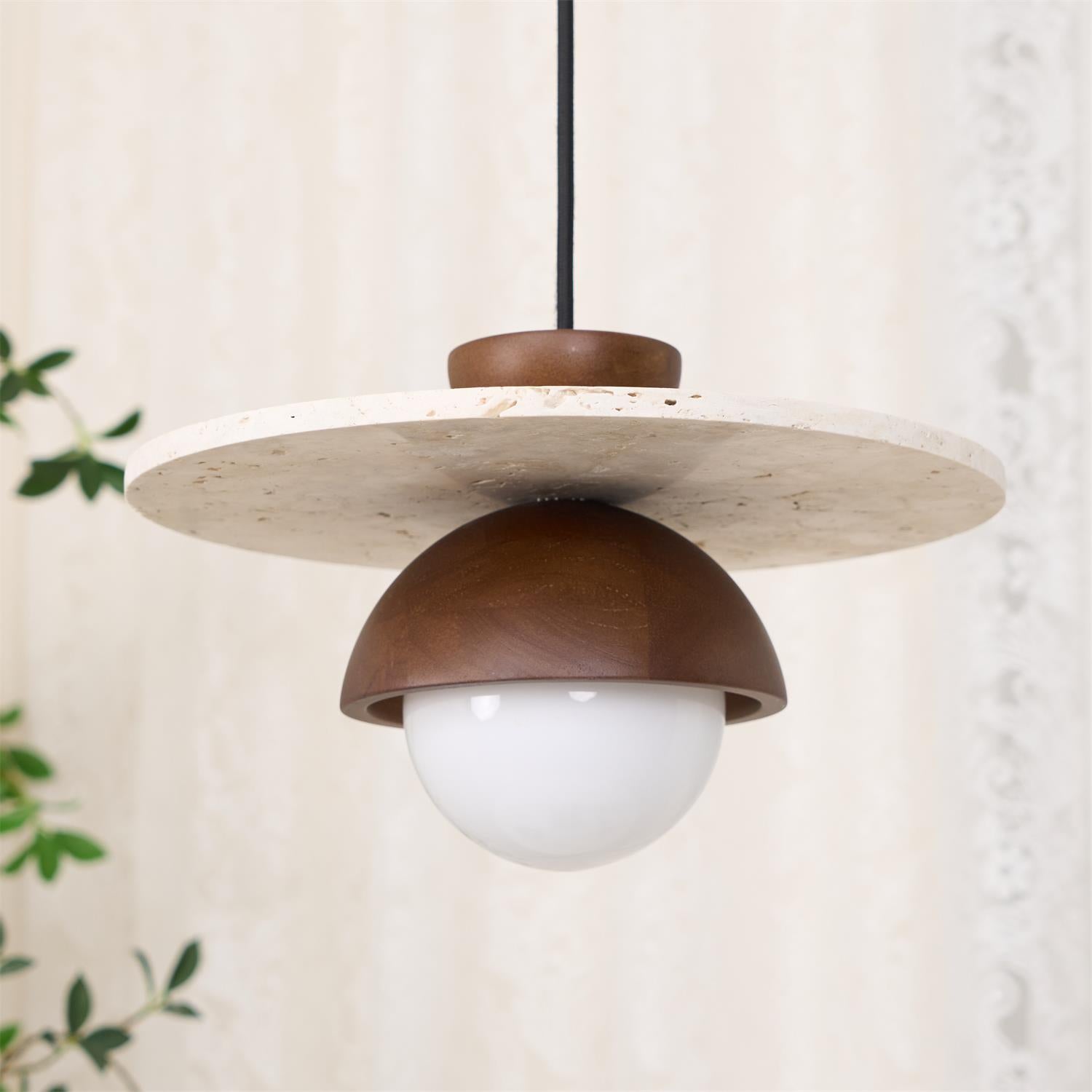 Pendant Lamp Glass Globe Travertine Disc Walnut Wood Natural - Letslighting