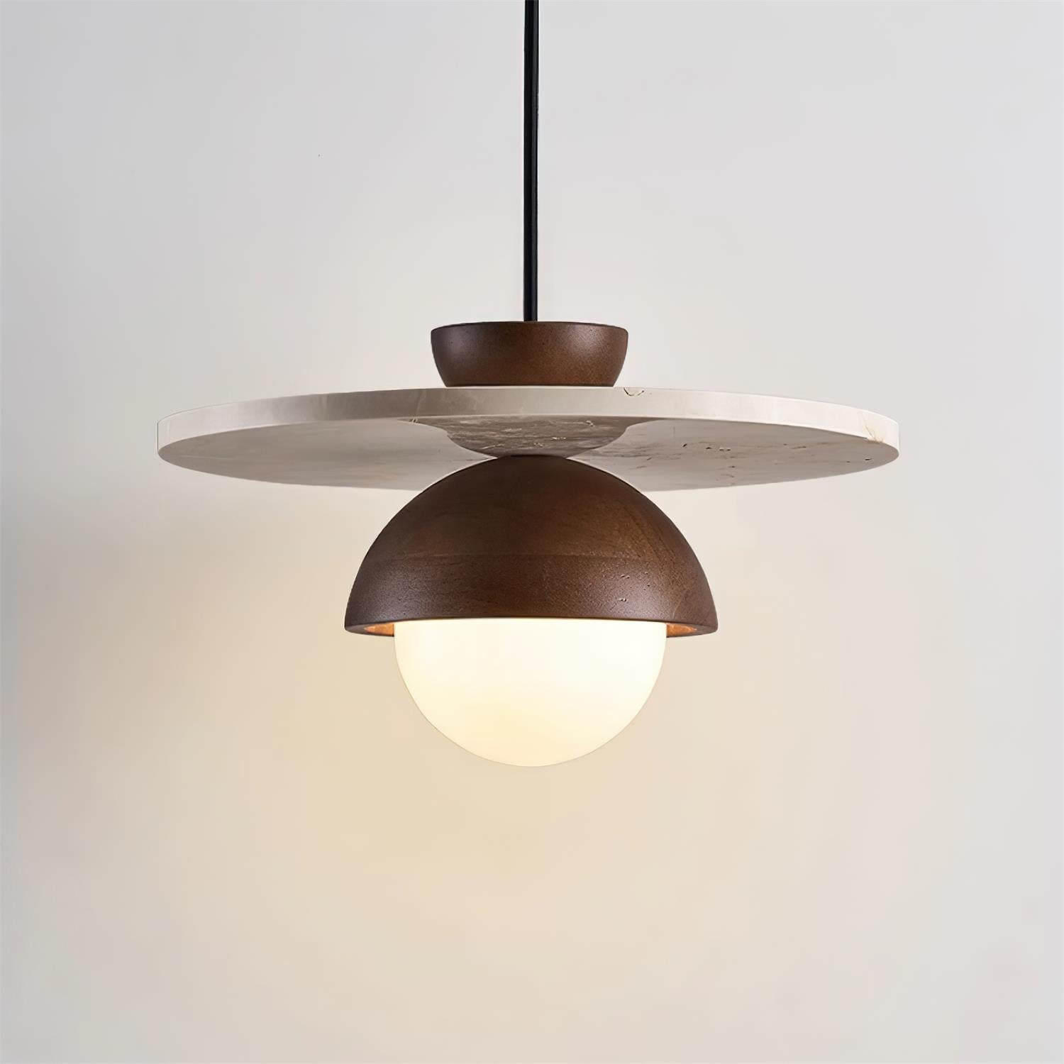 Pendant Lamp Glass Globe Travertine Disc Walnut Wood Natural - Letslighting
