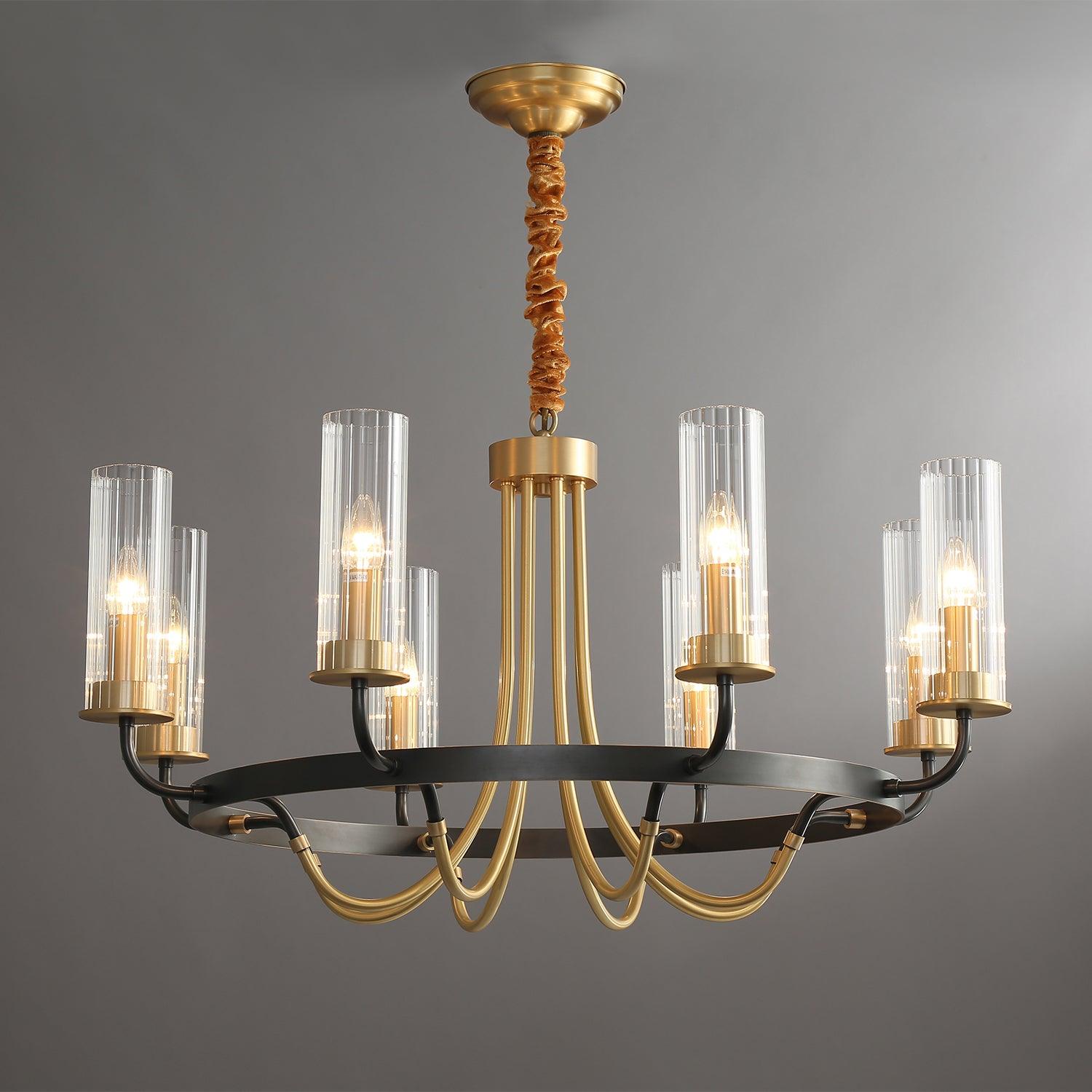 Kronleuchter Schwarz Rund Rahmen Messing Arme Rippig Glas-Letslighting