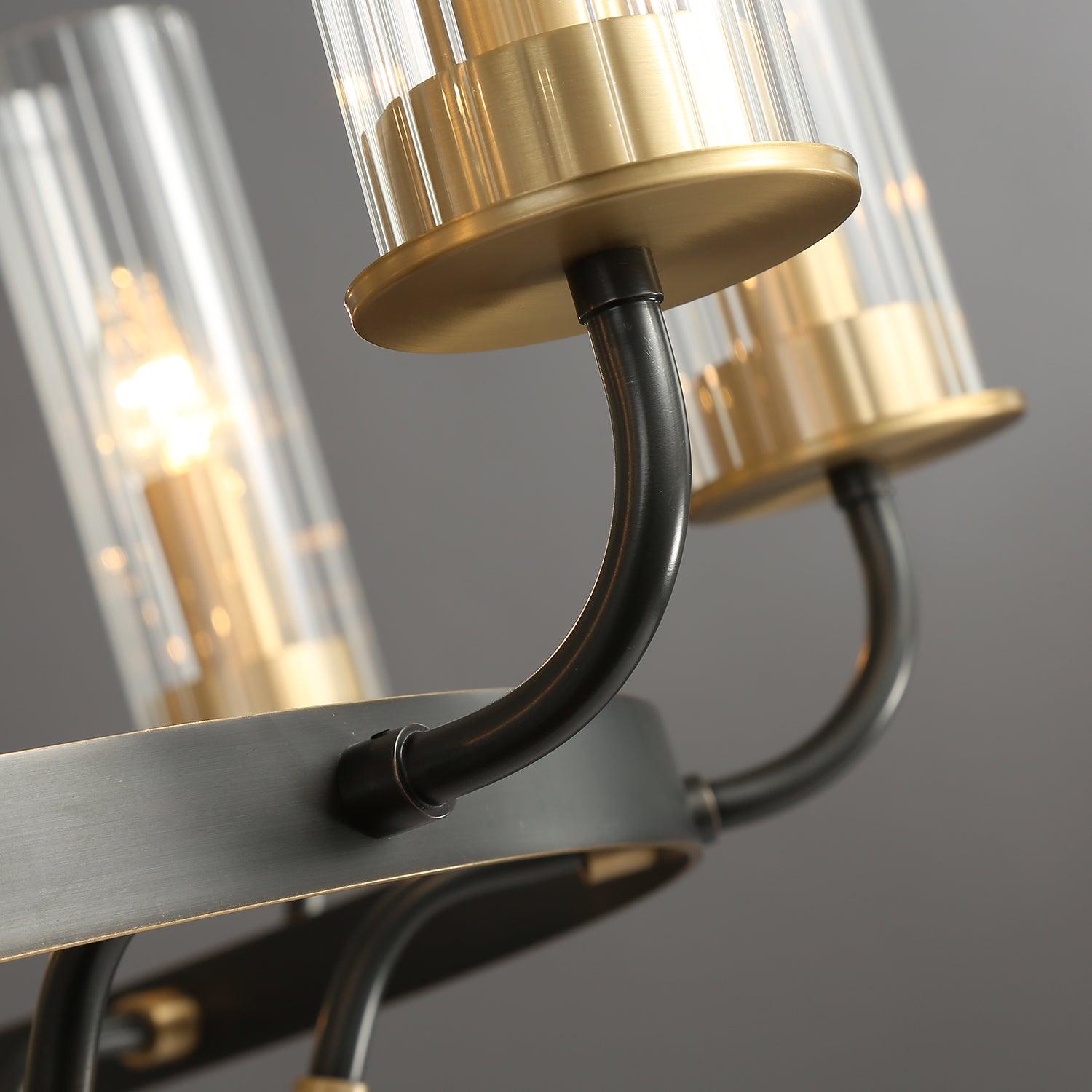 Kronleuchter Schwarz Rund Rahmen Messing Arme Rippig Glas-Letslighting