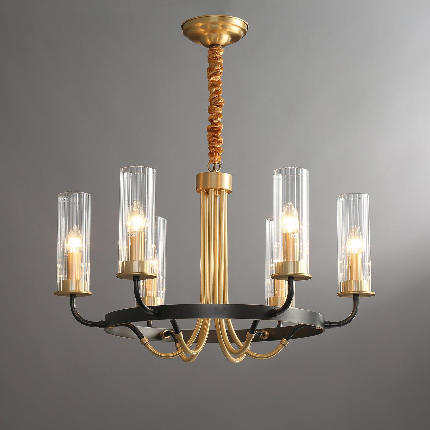 Kronleuchter Schwarz Rund Rahmen Messing Arme Rippig Glas-Letslighting
