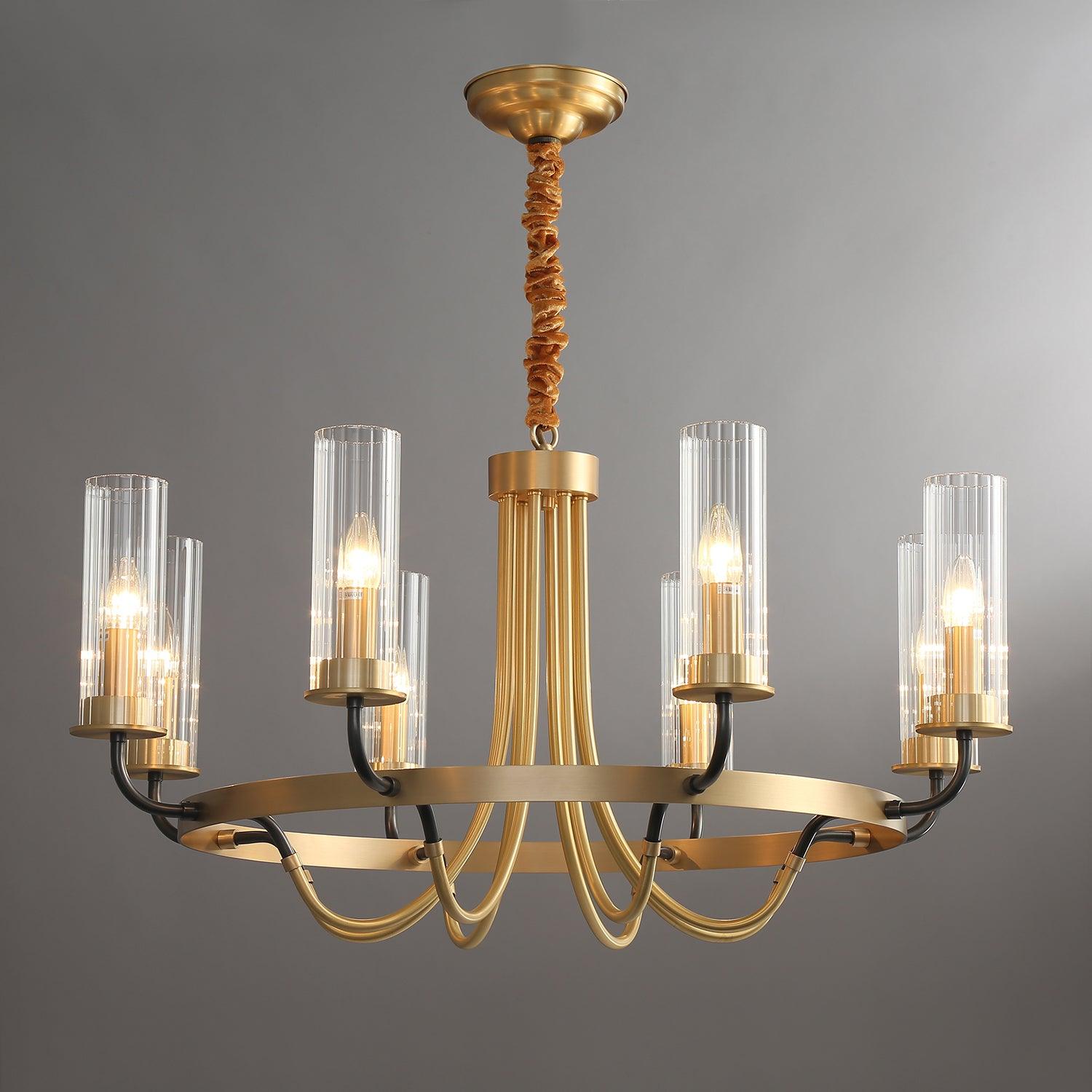 Kronleuchter Schwarz Rund Rahmen Messing Arme Rippig Glas-Letslighting