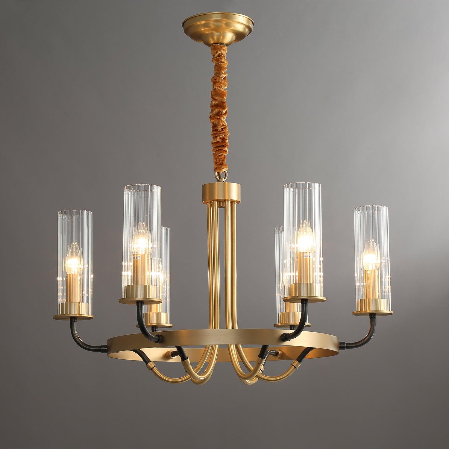 Kronleuchter Schwarz Rund Rahmen Messing Arme Rippig Glas-Letslighting