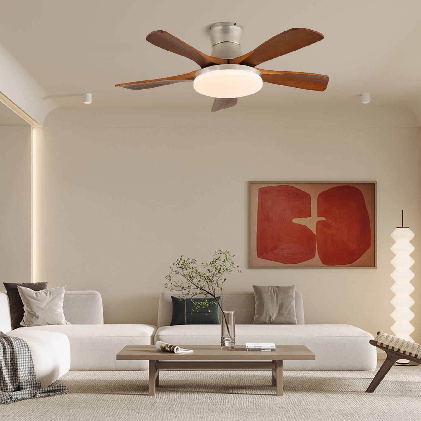 Brevo Deckenventilatorleuchte von unten, die den Acrylschirm und die integrierte LED-Lichtquelle hervorhebt.