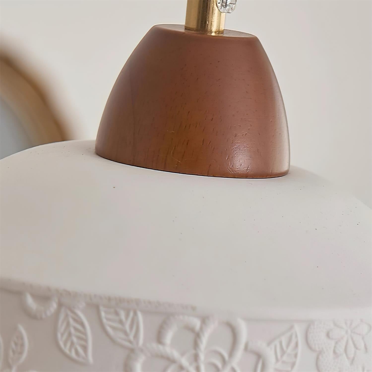 Pendelleuchte Strukturierte Keramik Trommel Holz Retro-Letslighting
