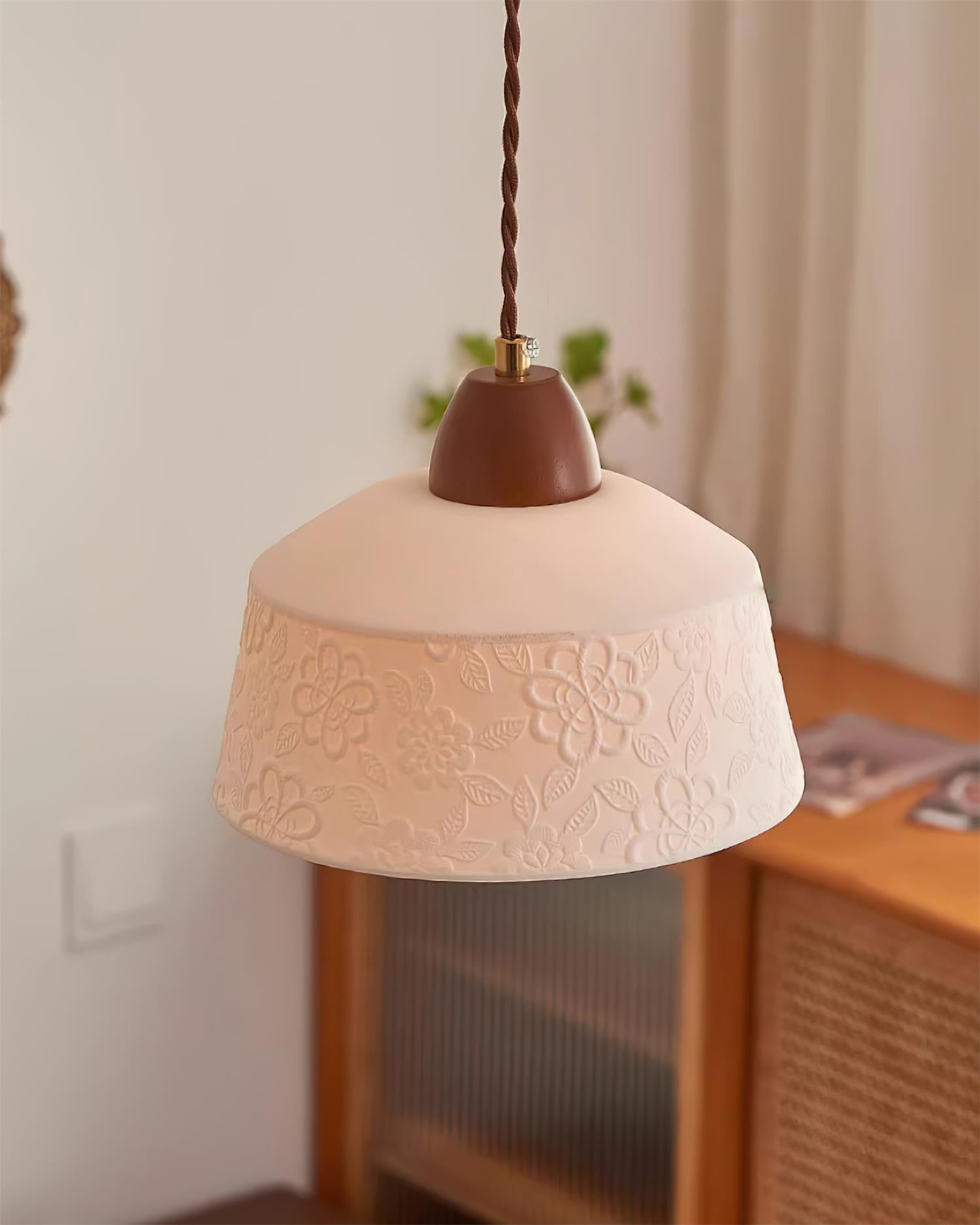 Pendelleuchte Strukturierte Keramik Trommel Holz Retro-Letslighting