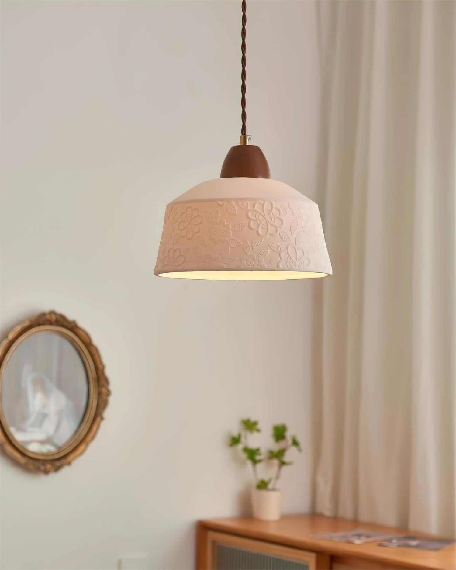 Pendelleuchte Strukturierte Keramik Trommel Holz Retro-Letslighting