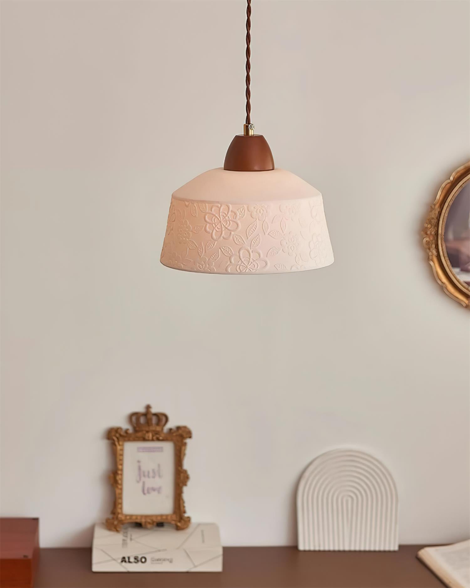 Pendelleuchte Strukturierte Keramik Trommel Holz Retro-Letslighting
