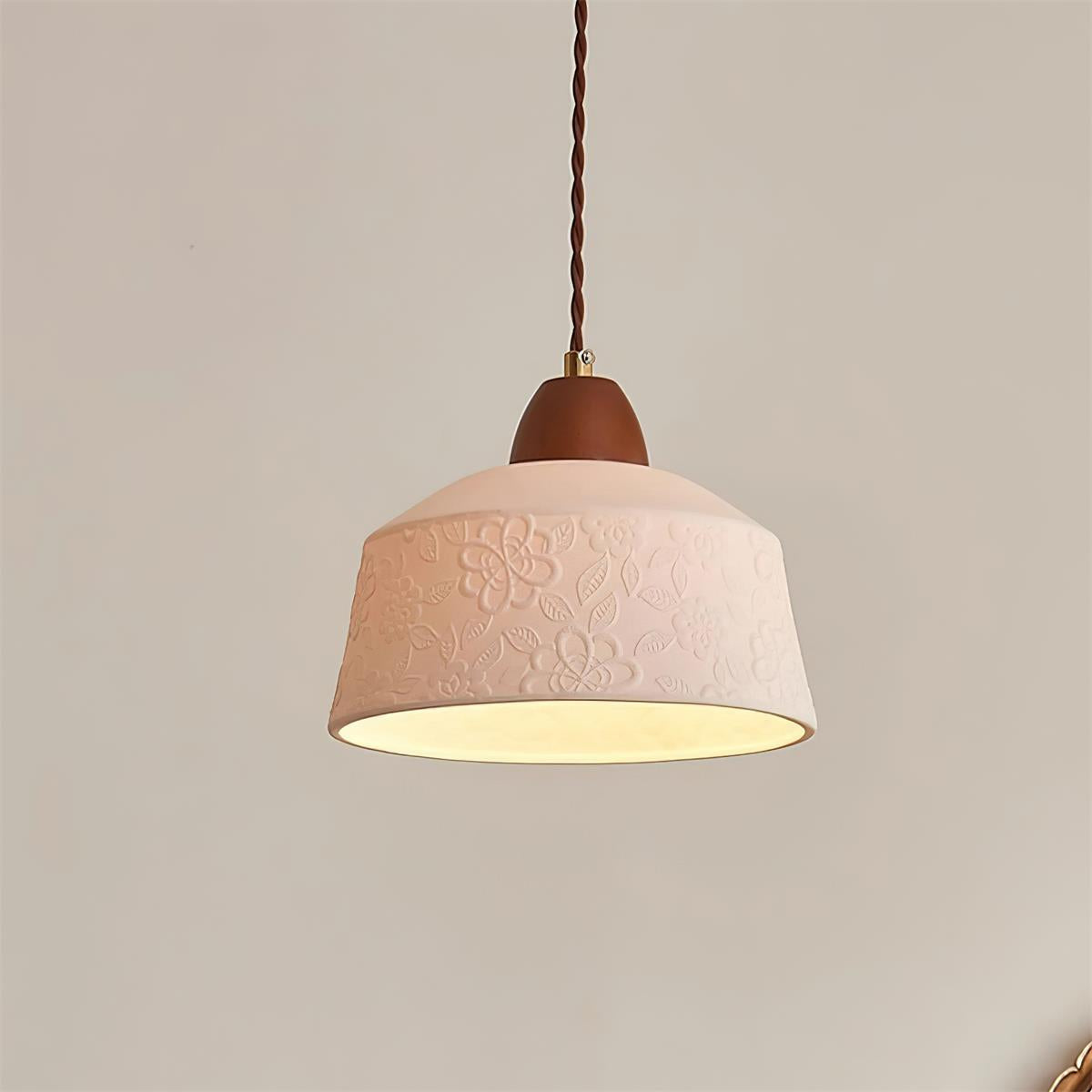 Pendelleuchte Strukturierte Keramik Trommel Holz Retro-Letslighting