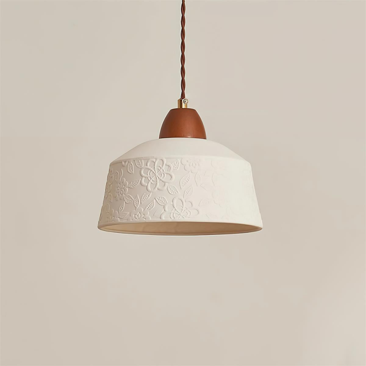 Pendelleuchte Strukturierte Keramik Trommel Holz Retro-Letslighting