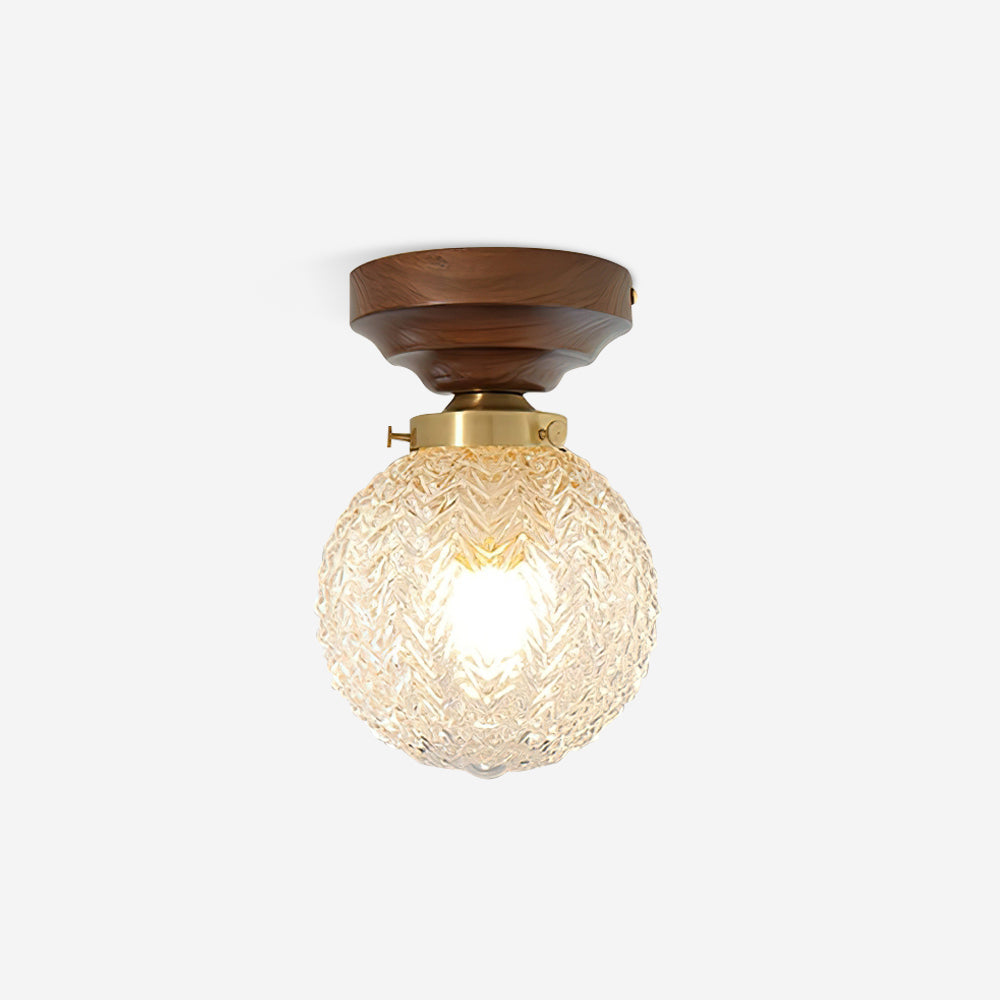 Deckenleuchte Globus Schirm Klar Glas Walnuss Holz Baldachin Messing-Letslighting