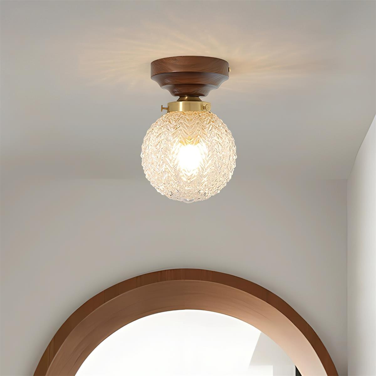Deckenleuchte Globus Schirm Klar Glas Walnuss Holz Baldachin Messing-Letslighting