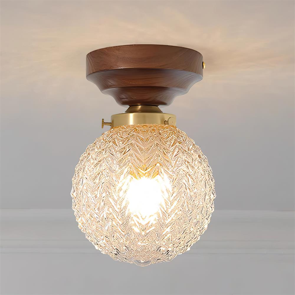 Deckenleuchte Globus Schirm Klar Glas Walnuss Holz Baldachin Messing-Letslighting