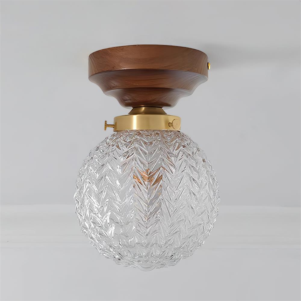 Deckenleuchte Globus Schirm Klar Glas Walnuss Holz Baldachin Messing-Letslighting