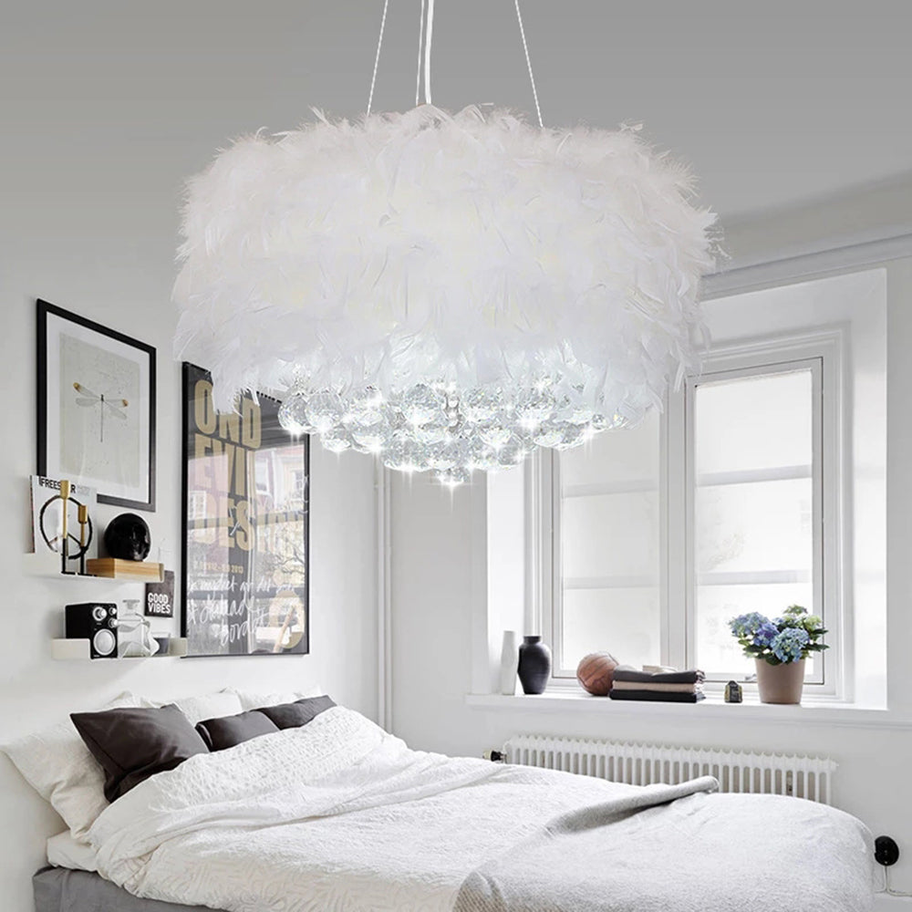 O'Moore Modern LED Pendelleuchte Weiß Wohnzimmer Metall&Feder&Kristall