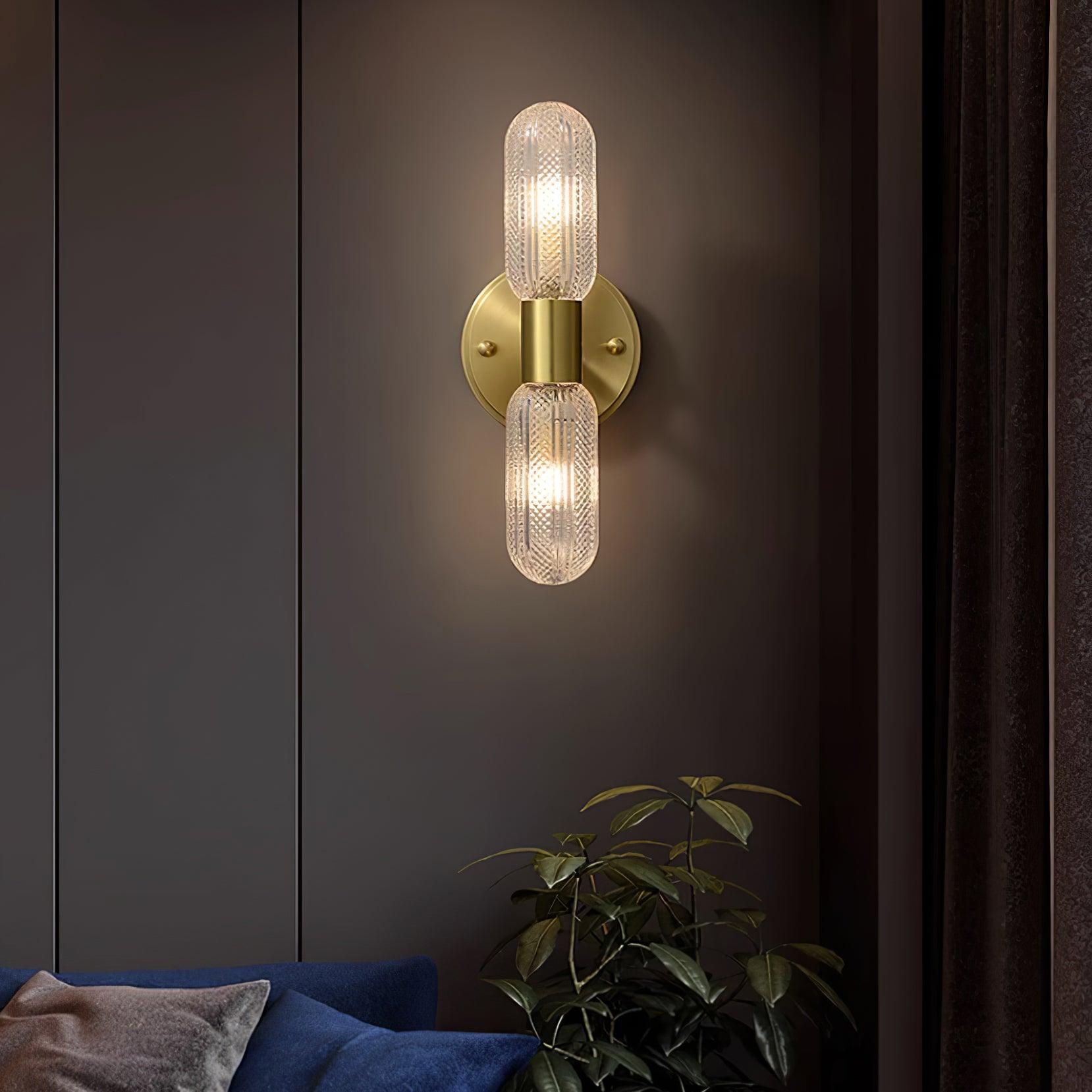 Evania Brass and Textured Glass Double Light Wall Sconce - Letslighting